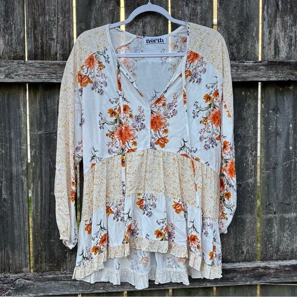 One Eleven North Boho Floral Tiered Blouse Medium - Picture 2 of 5